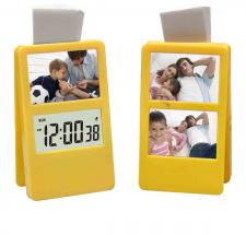Family photo frame with paper clip and LCD clock
